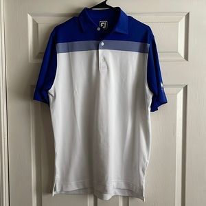 Men’s Footjoy athletic fit golf polo size medium. Color: White and royal blue.